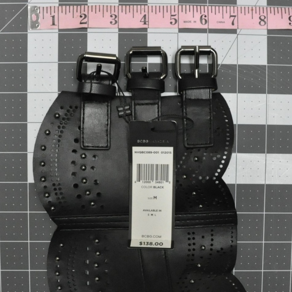 Black Faux Leather Triple Buckle Wide Belt Medium - Picture 3 of 3